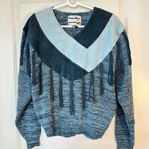 VTG 80’s Pioneer Wear Blue Split Suede/Knit Fringe V-Neck Western Boho Sweater,L